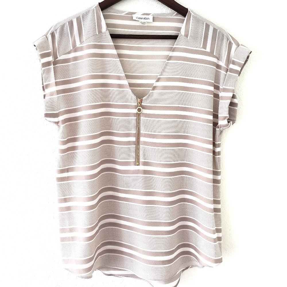 Calvin Klein Medium Tan and White Striped Blouse